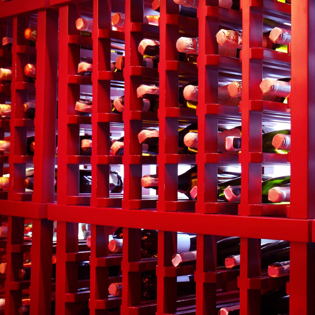 A rack of wholesale wine to promote Liquid Kosher's wholesale kosher wine partnering opportunities